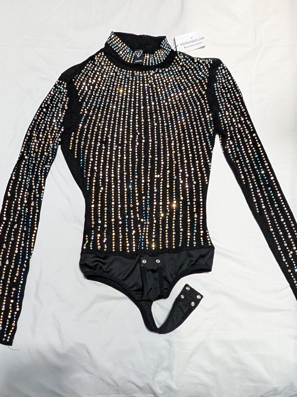 NWT Windsor Black Mesh Rhinestone Bodysuit Mock Neck Long Sleeve Size S